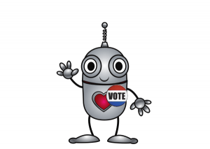 Happy robot campaign volunteer wearing a button that says "Vote"