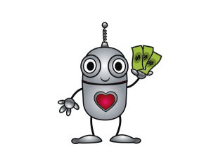 Happy robot campaign volunteer with money in its hand