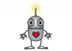 Happy robot campaign volunteer communicating via wireless