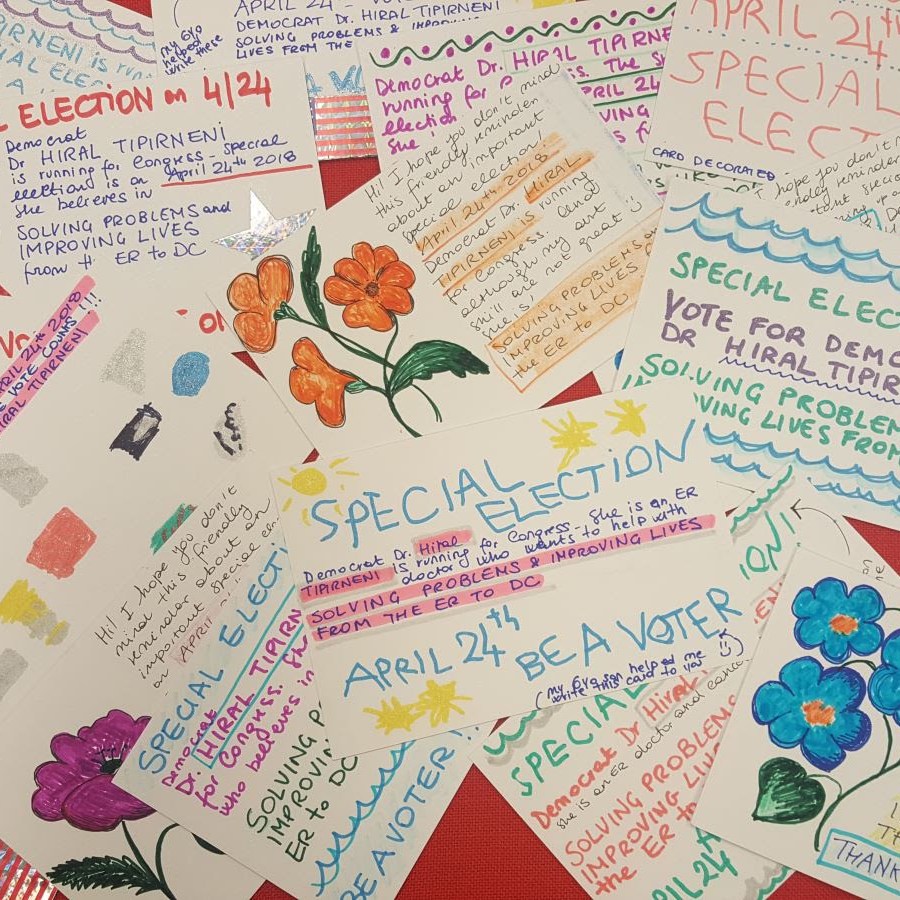 display of hand-written postcards promoting Dr. Hiral Tipirneni